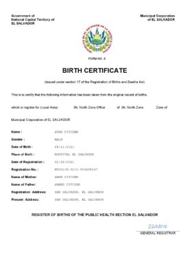 El Salvador vital record birth certificate Word and PDF template, completely editable