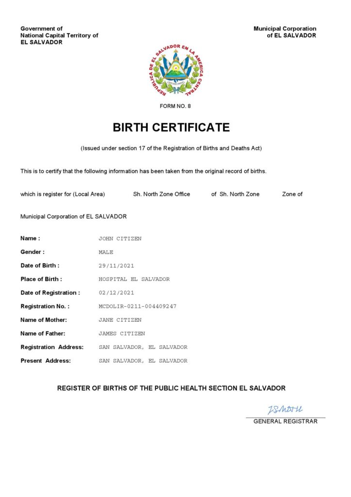 El Salvador vital record birth certificate Word and PDF template, completely editable