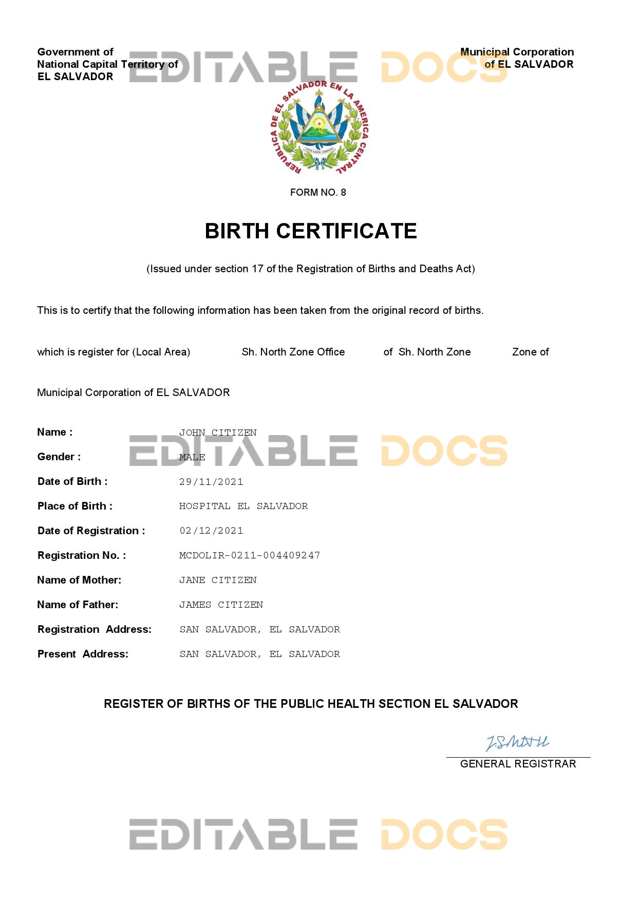 Authentic El Salvador Birth Certificate Template | Customize and Download Online