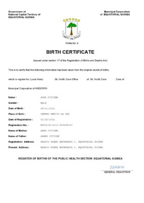 Equatorial Guinea birth certificate Word and PDF template, completely editable
