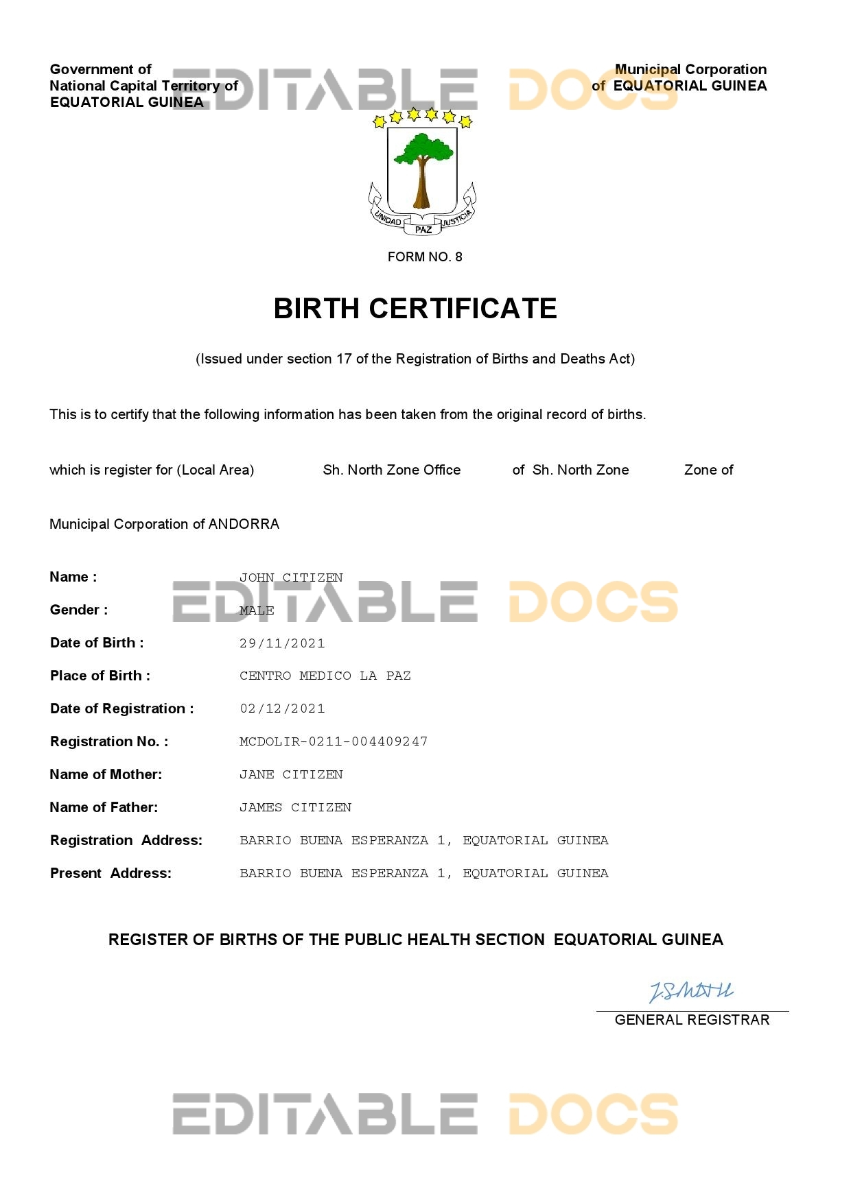 Authentic Equatorial Guinea Birth Certificate Template | Customize and Download Online