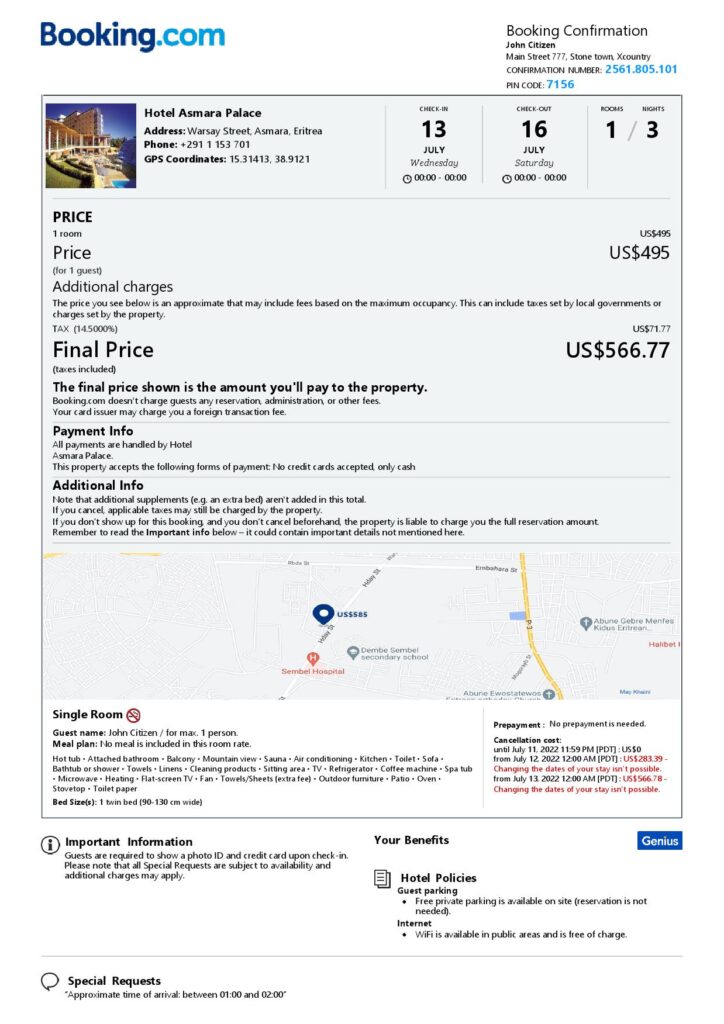 Editable Eritrea Hotel Booking Form Template | Fillable PDF