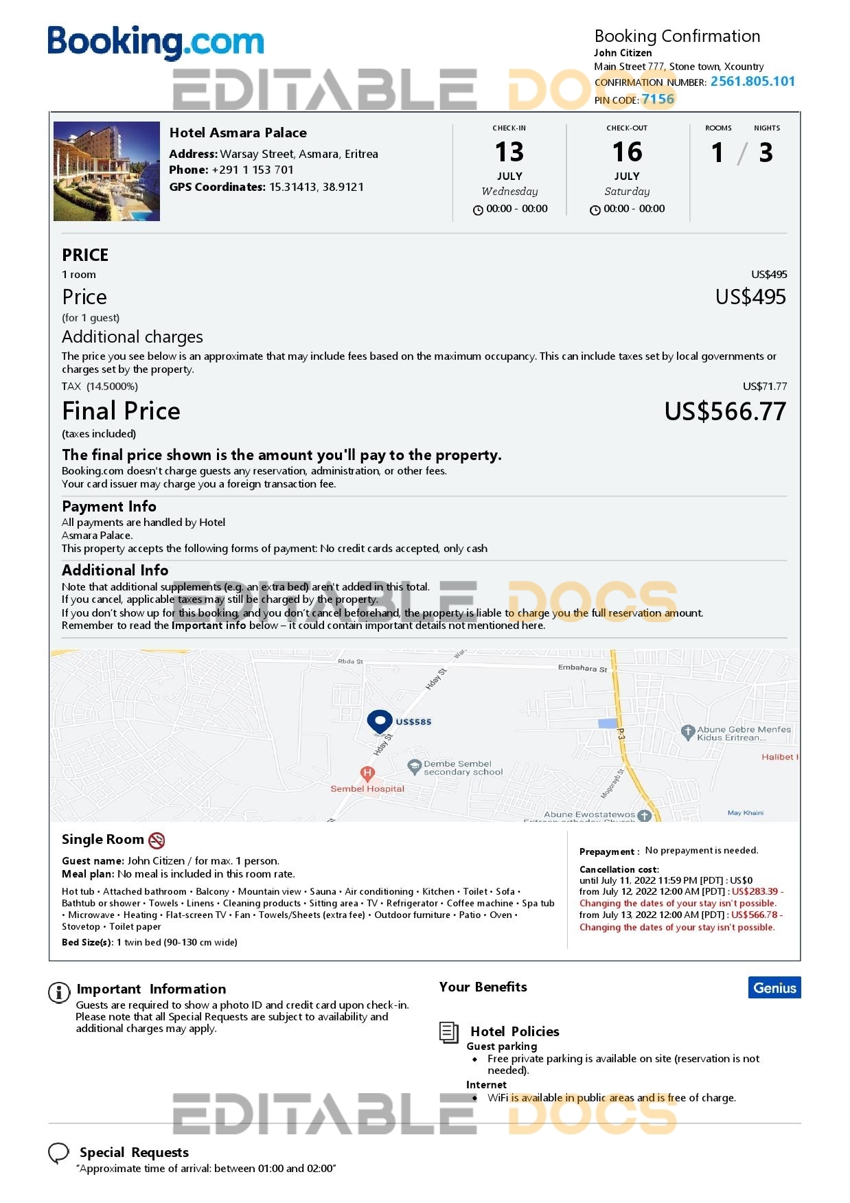 Editable Eritrea Hotel Booking Form Template | Fillable PDF