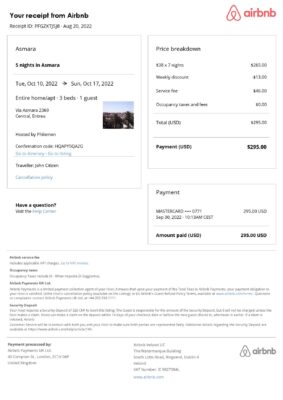 Editable Eritrea Hotel Booking Form Template | Fillable PDF