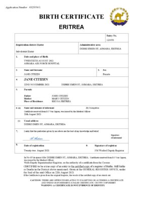 Eritrea vital record birth certificate Word and PDF template, completely editable