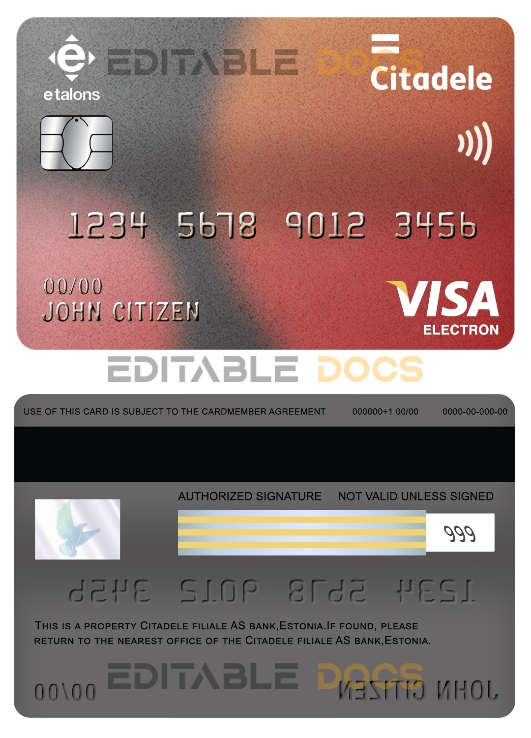 Editable Estonia Citadele bank visa electron card Templates in PSD Format
