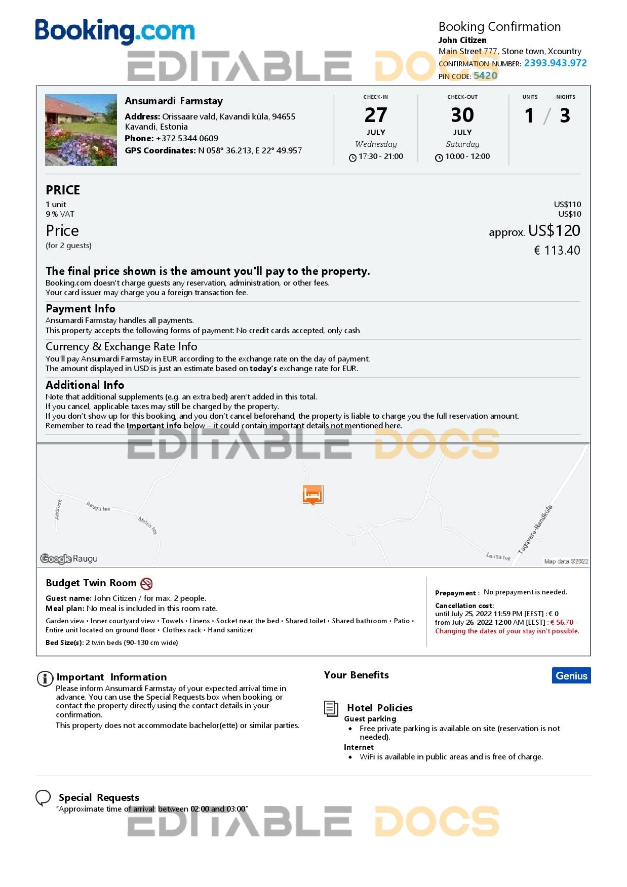 Editable Estonia Hotel Booking Form Template | Fillable PDF