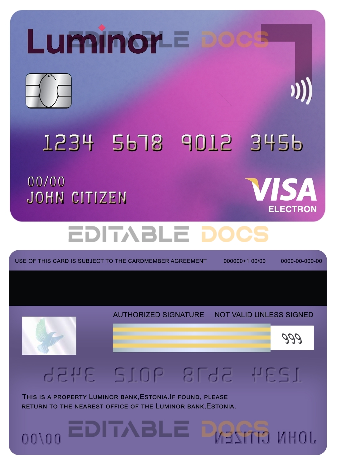 Editable Estonia Luminor Bank visa electron card Templates in PSD Format