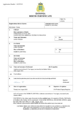 Estonia vital record birth certificate Word and PDF template, completely editable