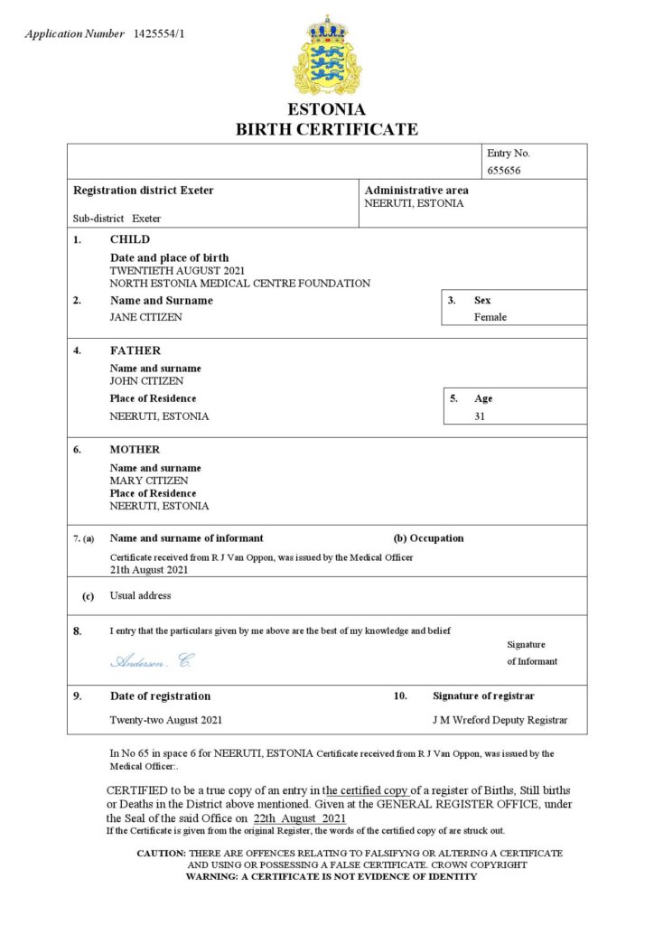 Estonia vital record birth certificate Word and PDF template, completely editable