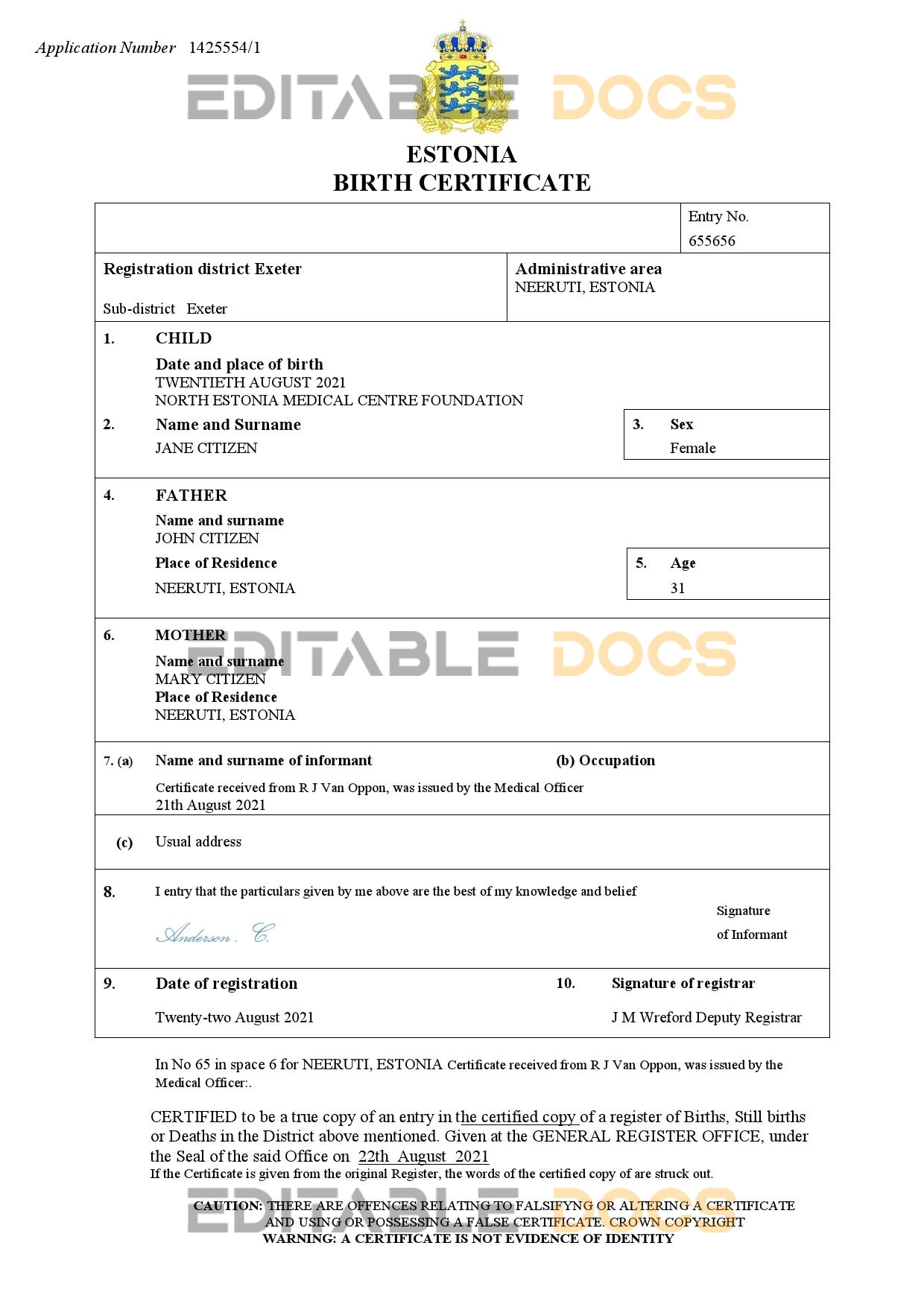 Authentic Estonia Birth Certificate Template | Customize and Download Online