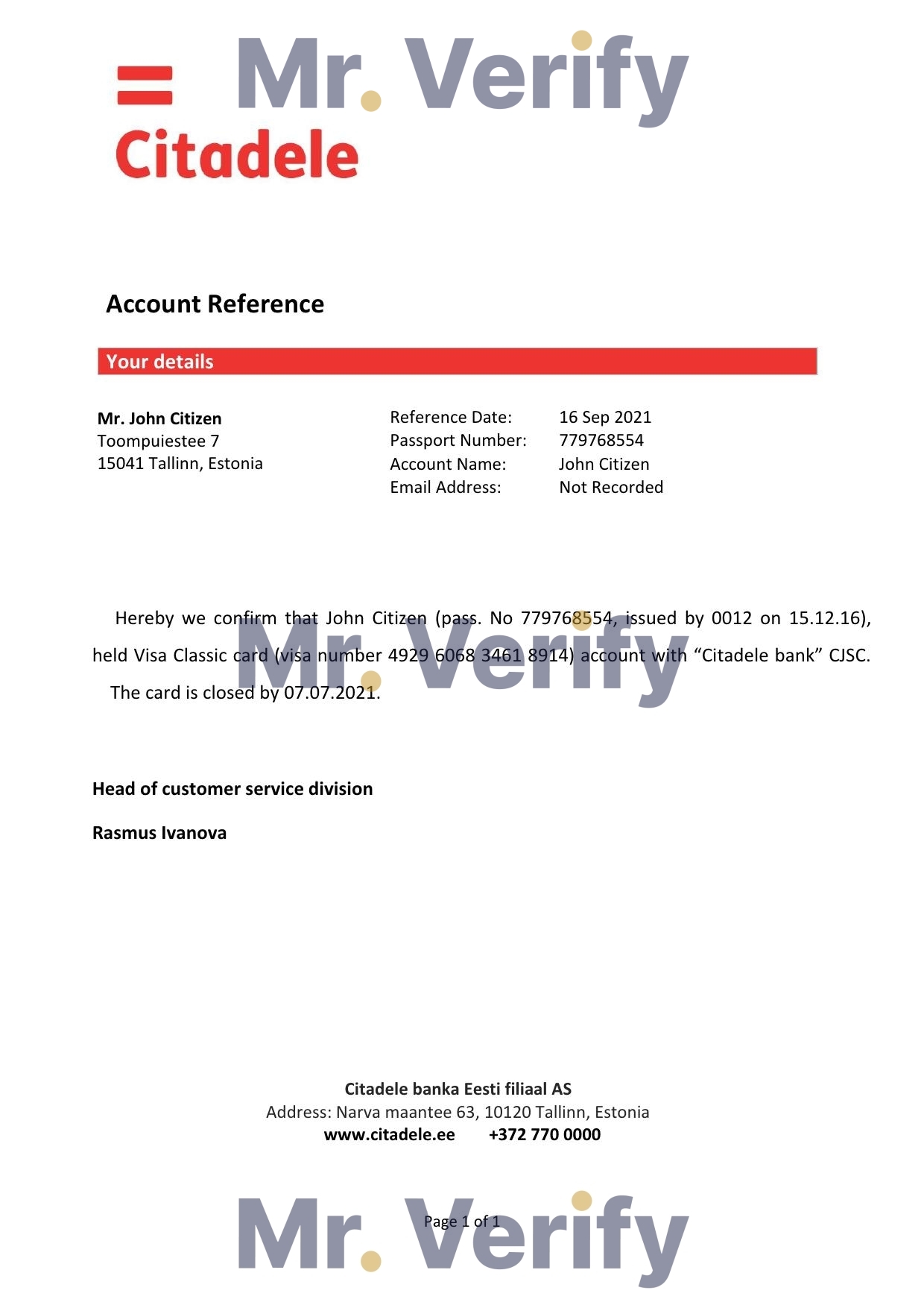 Download Estonia Citadele banka Eesti filiaal AS Bank Reference Letter Templates | Editable Word