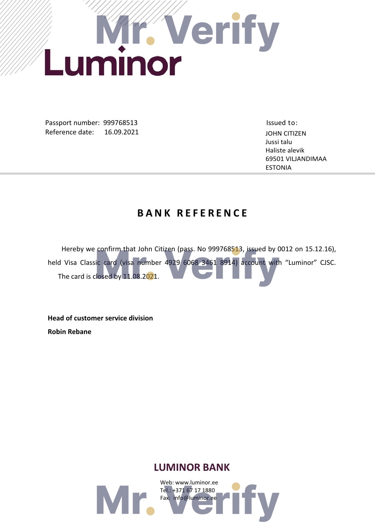 Download Estonia Luminor Bank Reference Letter Templates | Editable Word