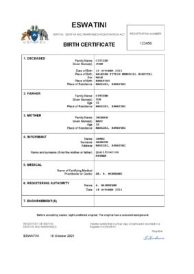 Eswatini birth certificate Word and PDF template, completely editable