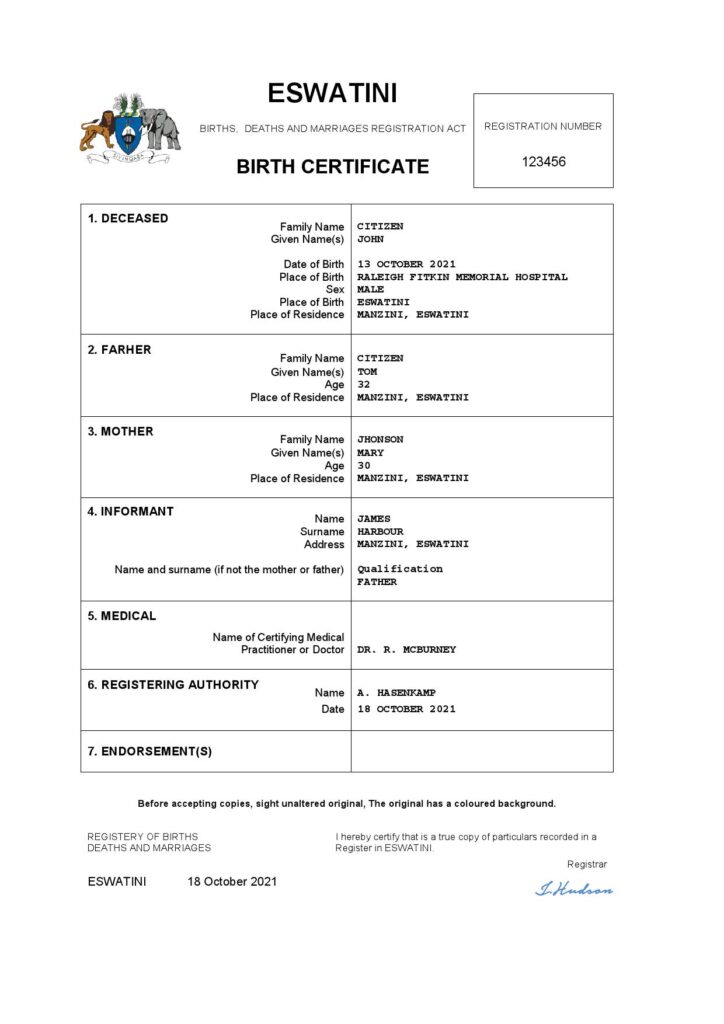 Eswatini birth certificate Word and PDF template, completely editable