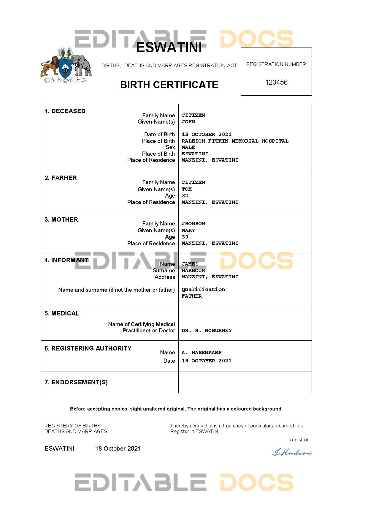 Authentic Eswatini Birth Certificate Template | Customize and Download Online
