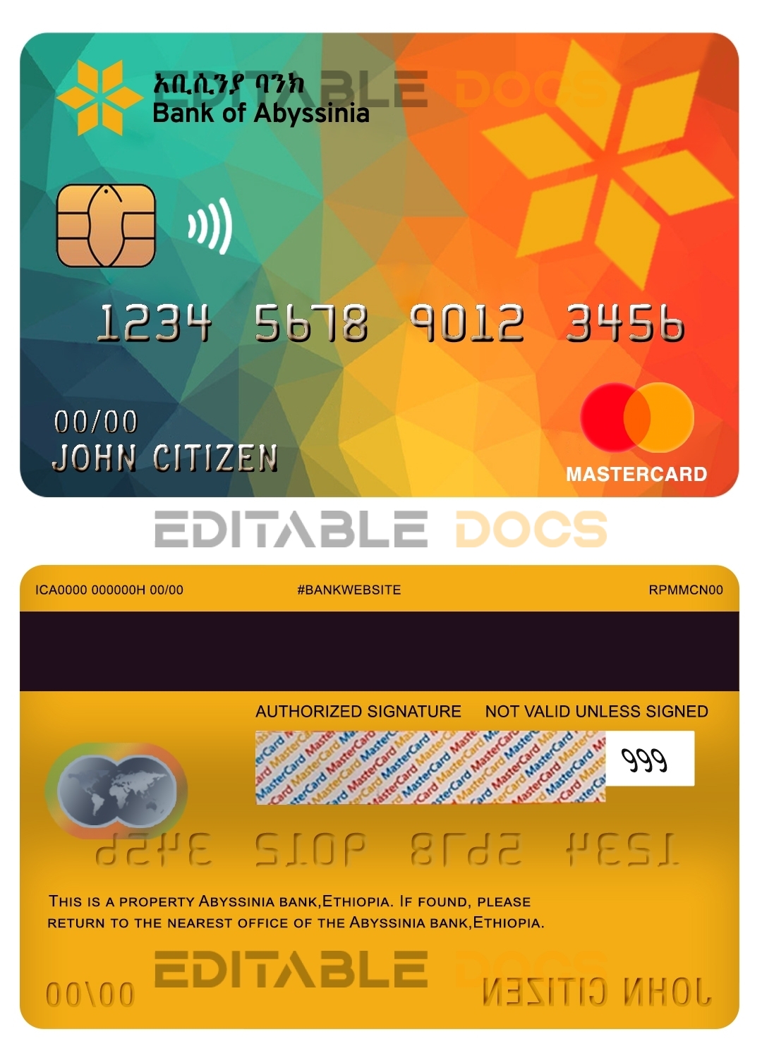 Fillable Ethiopia Bank of Abyssinia bank mastercard Templates | Layer-Based PSD
