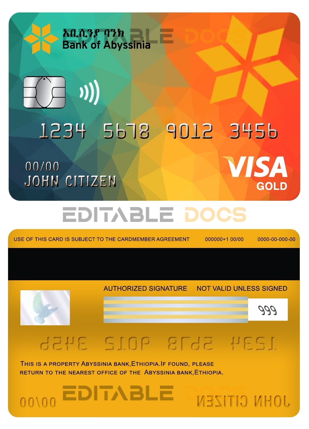 Editable Ethiopia Bank of Abyssinia bank visa gold card Templates in PSD Format