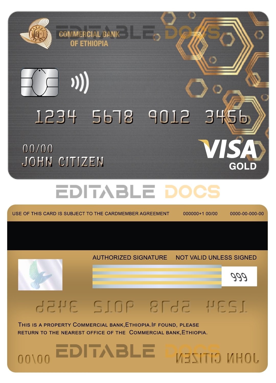 Editable Ethiopia Commercial Bank visa gold card Templates in PSD Format