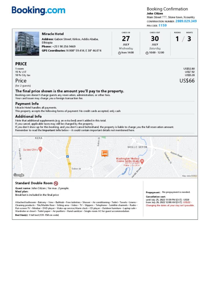 Editable Ethiopia Hotel Booking Form Template | Fillable PDF
