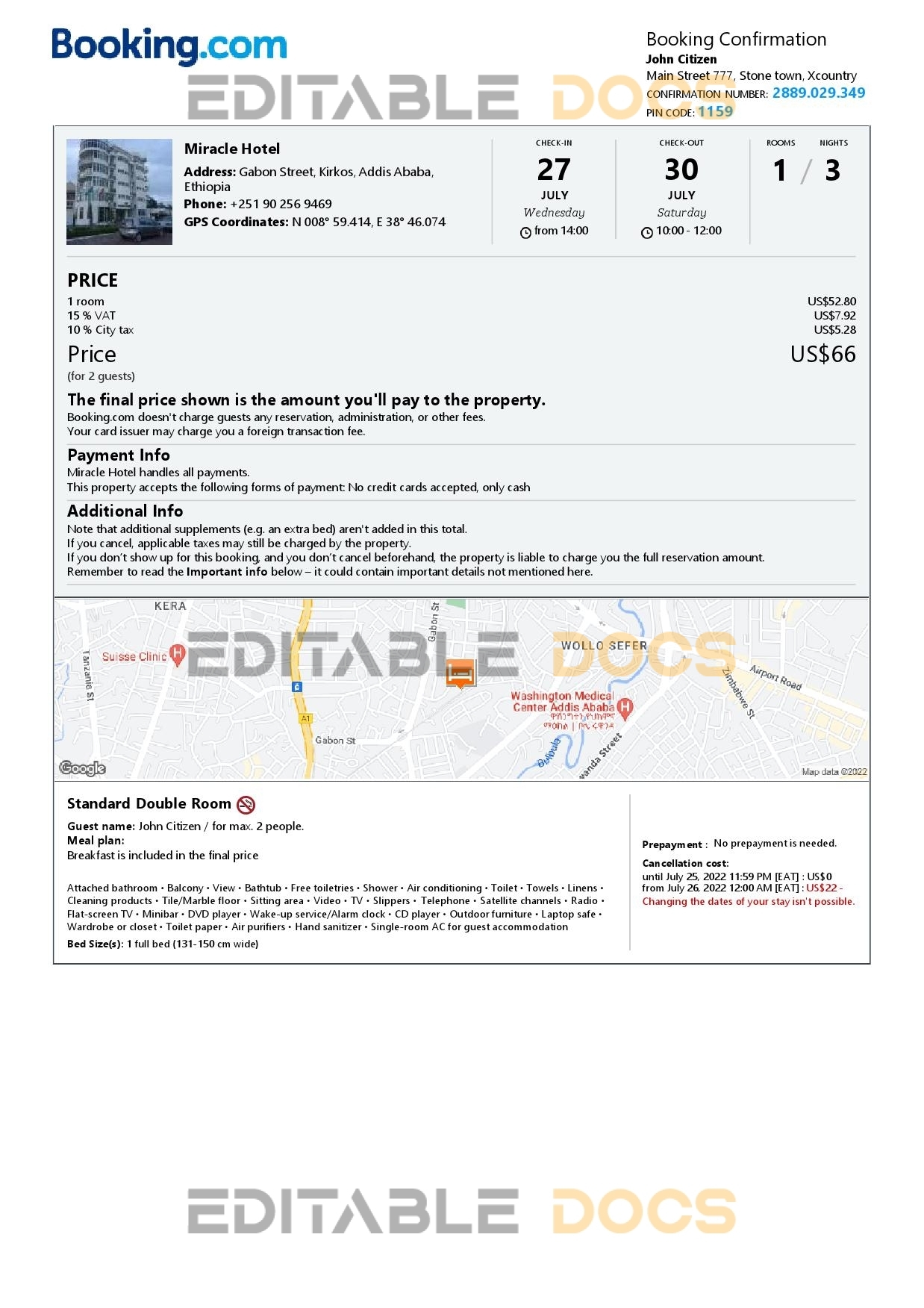 Editable Ethiopia Hotel Booking Form Template | Fillable PDF