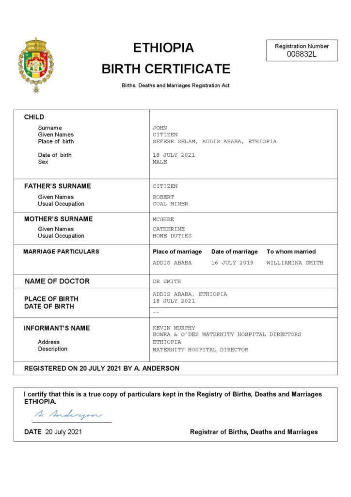 Ethiopia vital record birth certificate Word and PDF template, completely editable