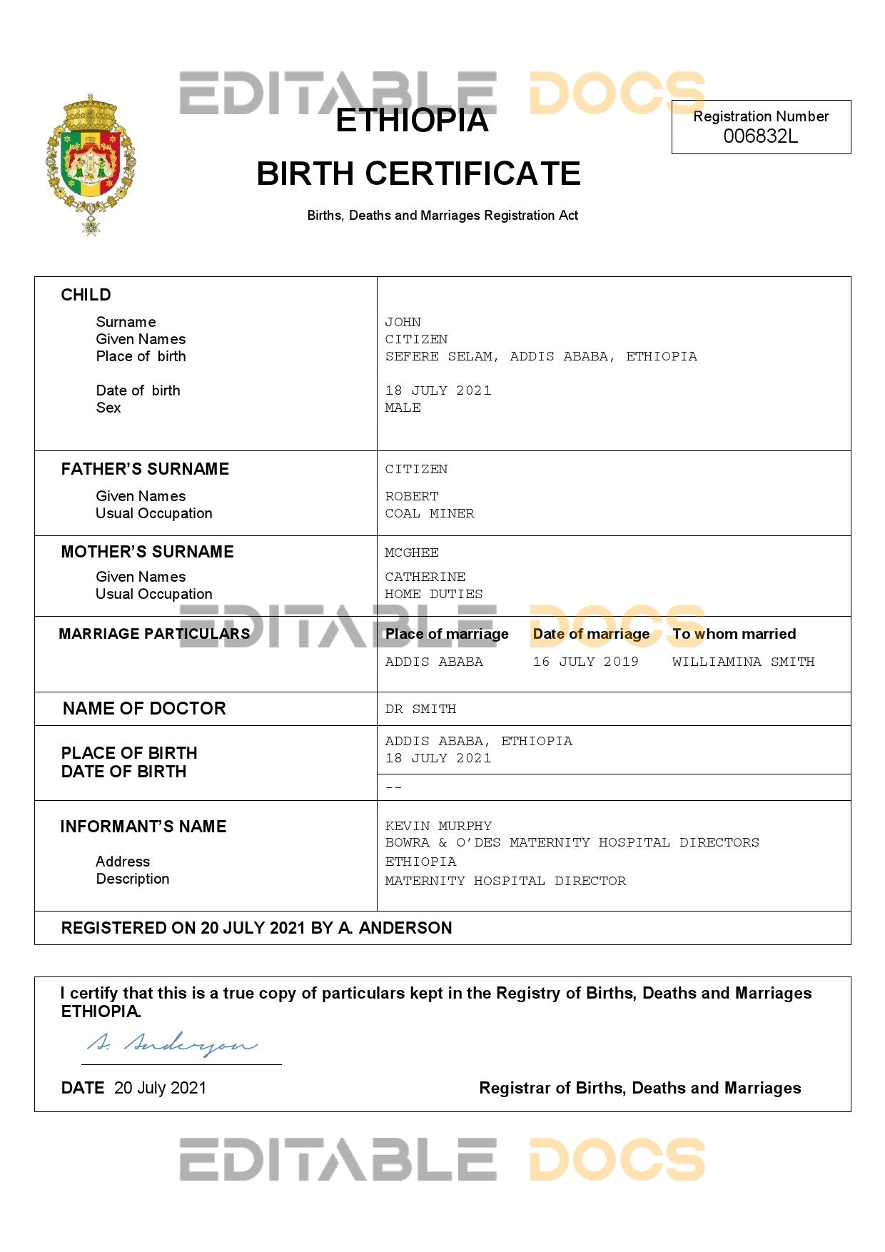 Authentic Ethiopia Birth Certificate Template | Customize and Download Online