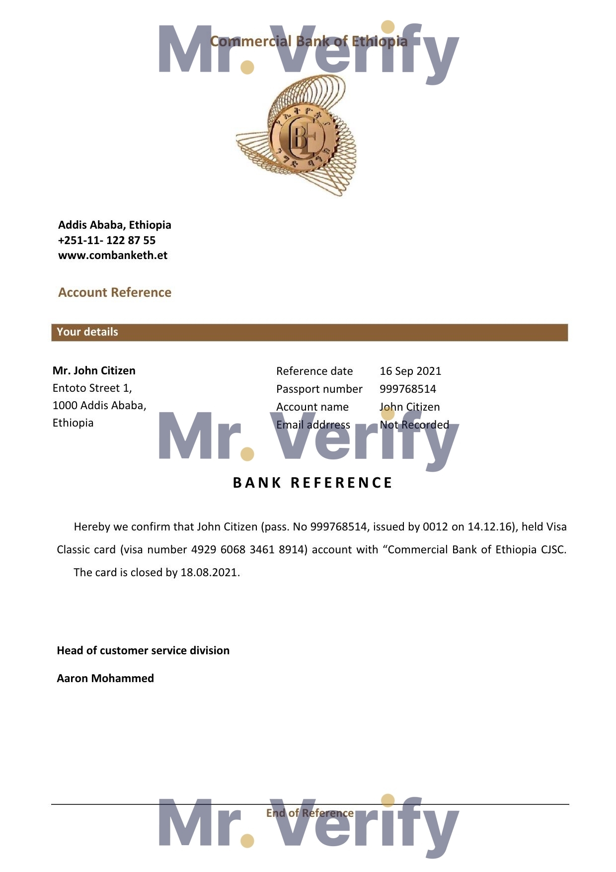 Download Ethiopia Commercial Bank Reference Letter Templates | Editable Word
