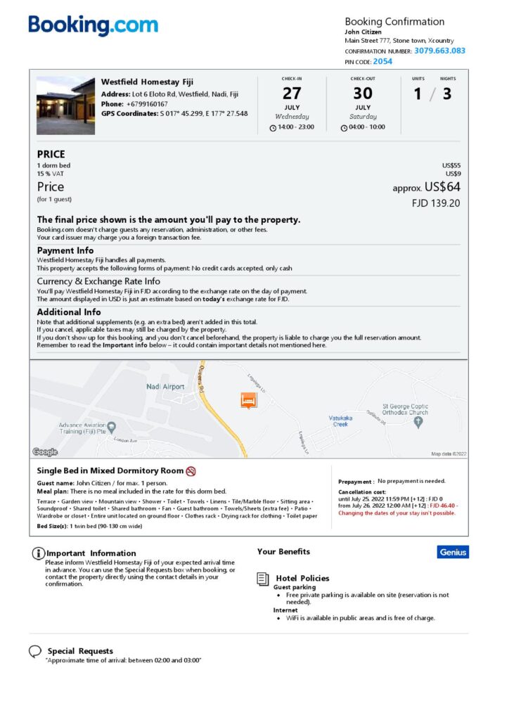 Editable Fiji Hotel Booking Form Template | Fillable PDF