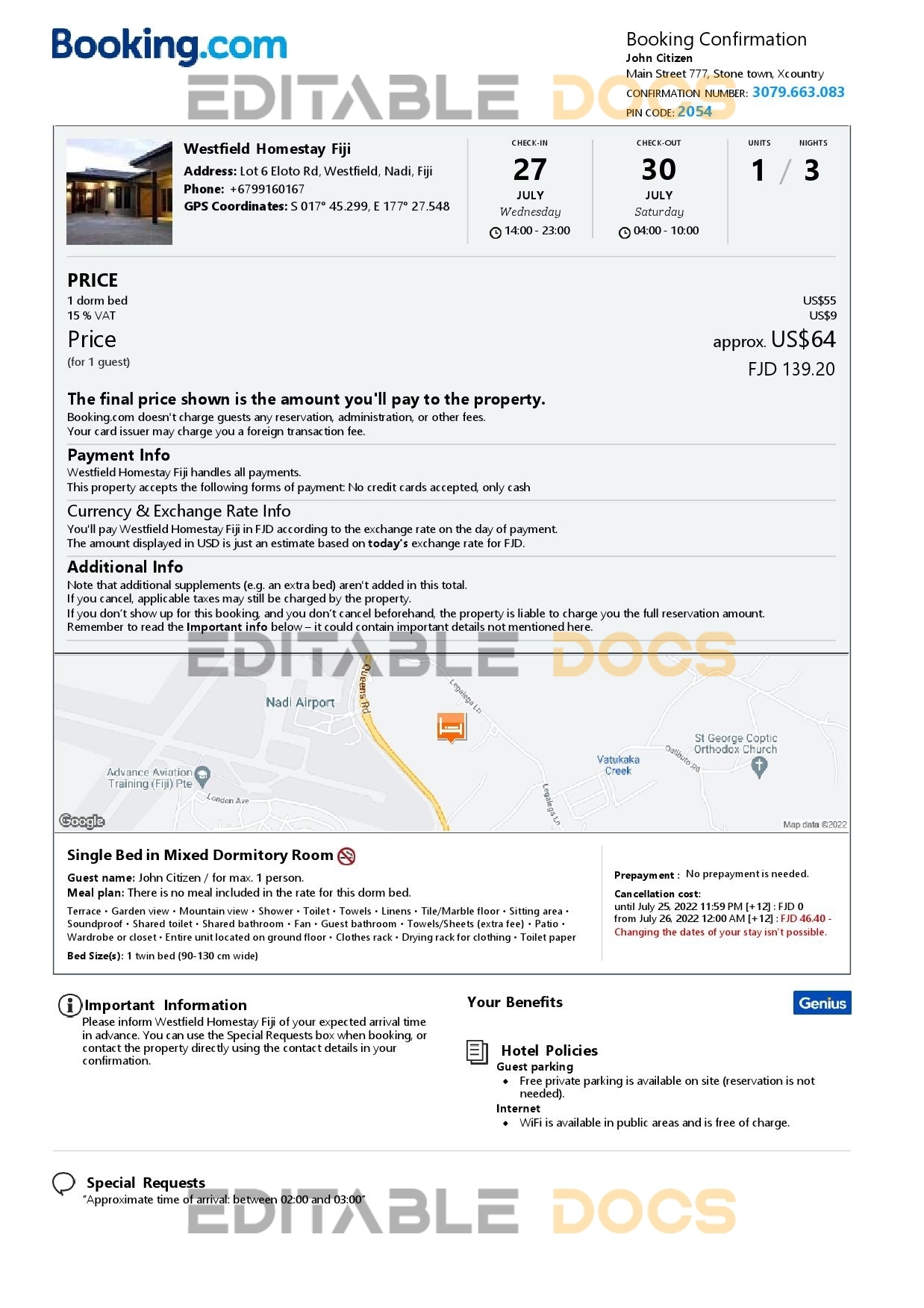 Editable Fiji Hotel Booking Form Template | Fillable PDF