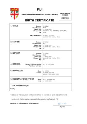 Fiji birth certificate Word and PDF template, completely editable