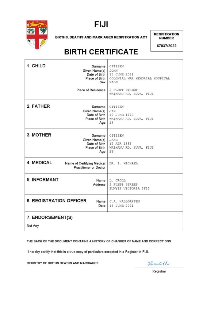 Fiji birth certificate Word and PDF template, completely editable