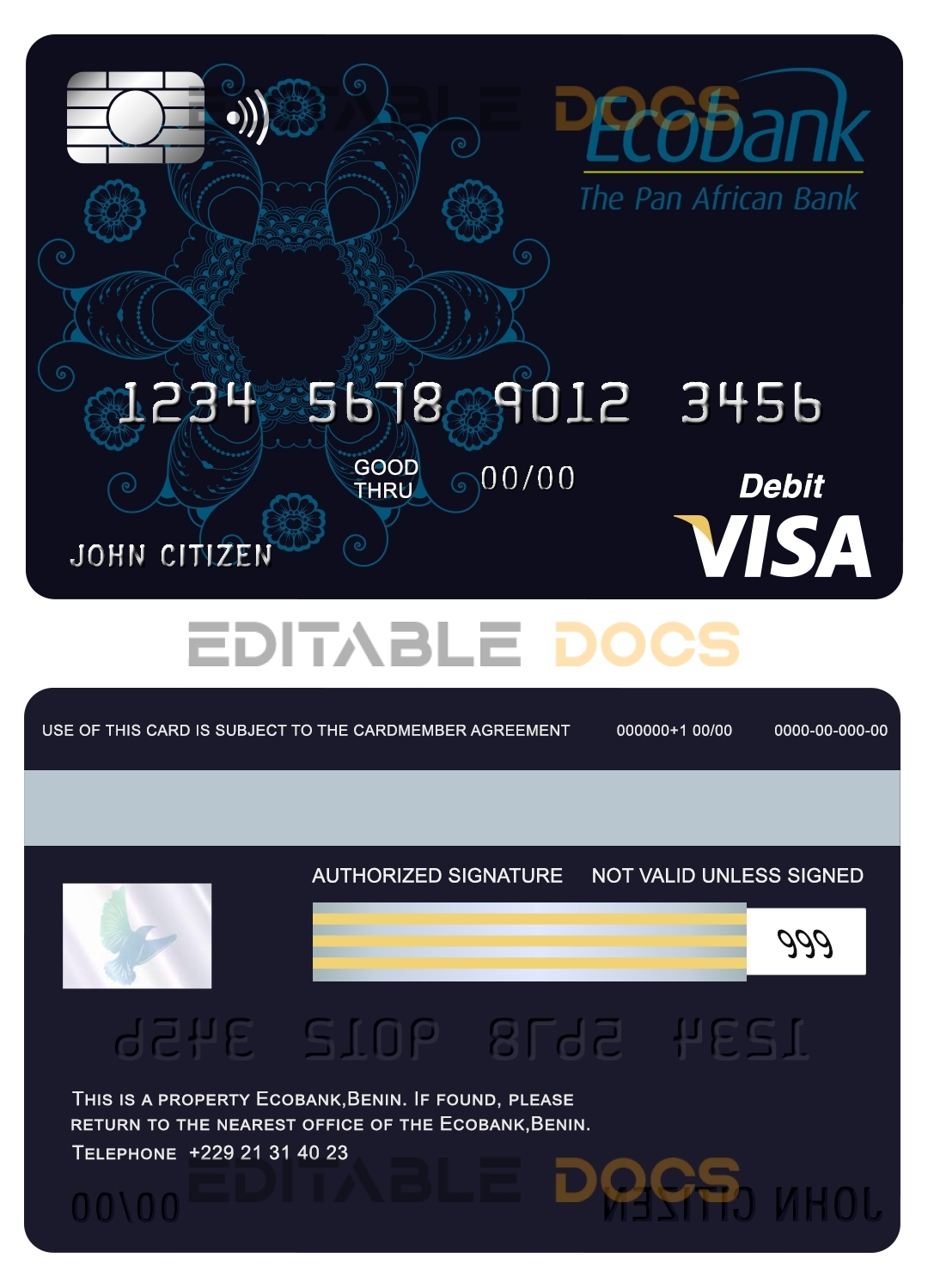 Fillable Benin Ecobank visa card debit card Templates | Layer-Based PSD