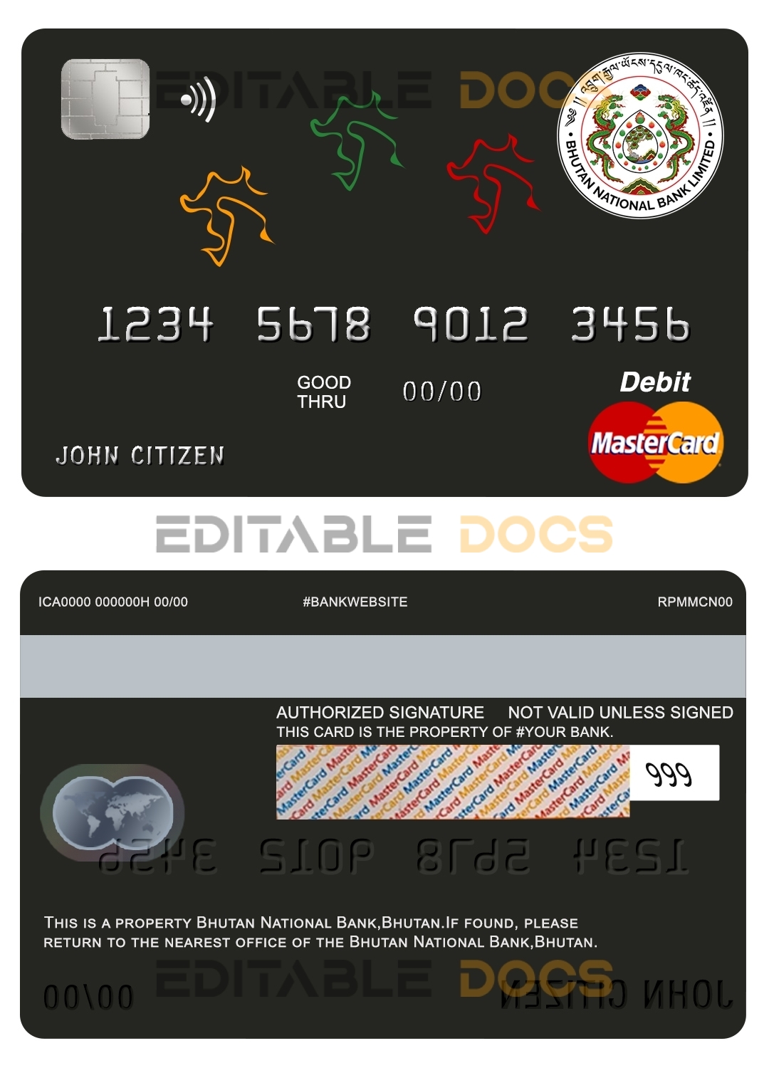 Fillable Bhutan National Bank mastercard debit card Templates | Layer-Based PSD