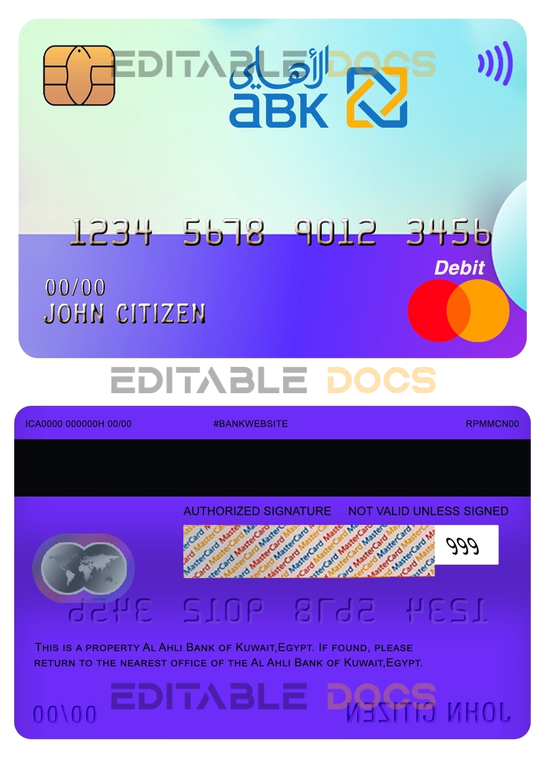 Fillable Egypt Al Ahli Bank of Kuwait mastercard Templates | Layer-Based PSD