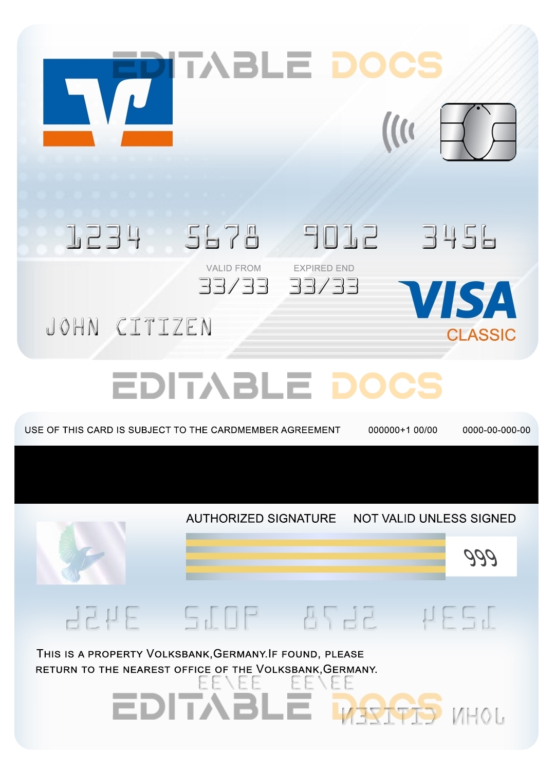 Fillable Germany Volksbank Jever bank visa classic card Templates | Layer-Based PSD