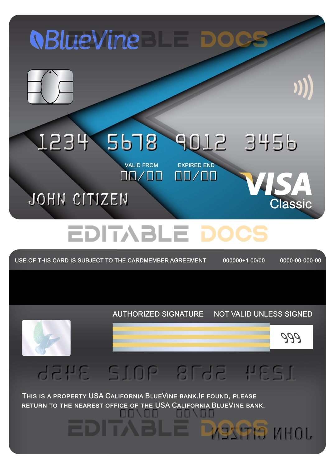 Fillable USA California BlueVine bank visa classic card Templates | Layer-Based PSD