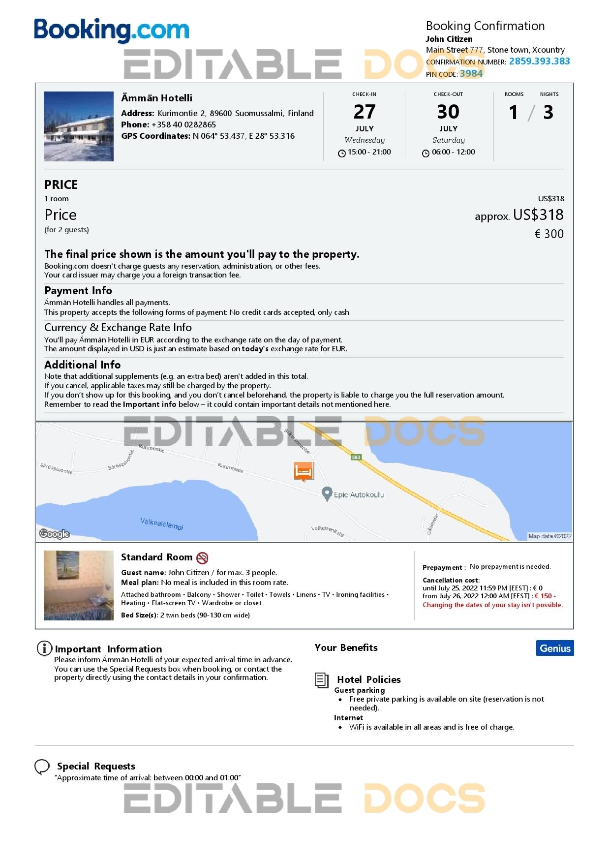 Editable Finland Hotel Booking Form Template | Fillable PDF