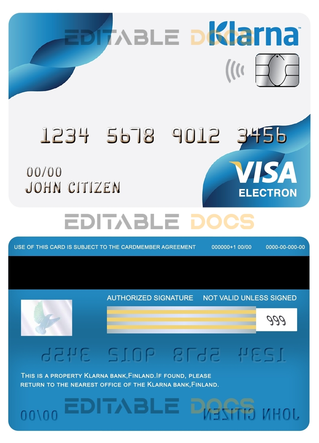 Editable Finland Klarna bank visa electorn card Templates in PSD Format