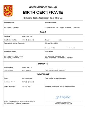 Finland vital record birth certificate Word and PDF template, completely editable