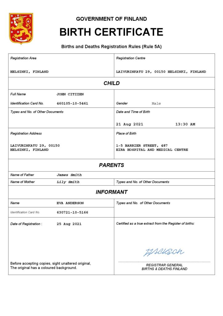 Finland vital record birth certificate Word and PDF template, completely editable