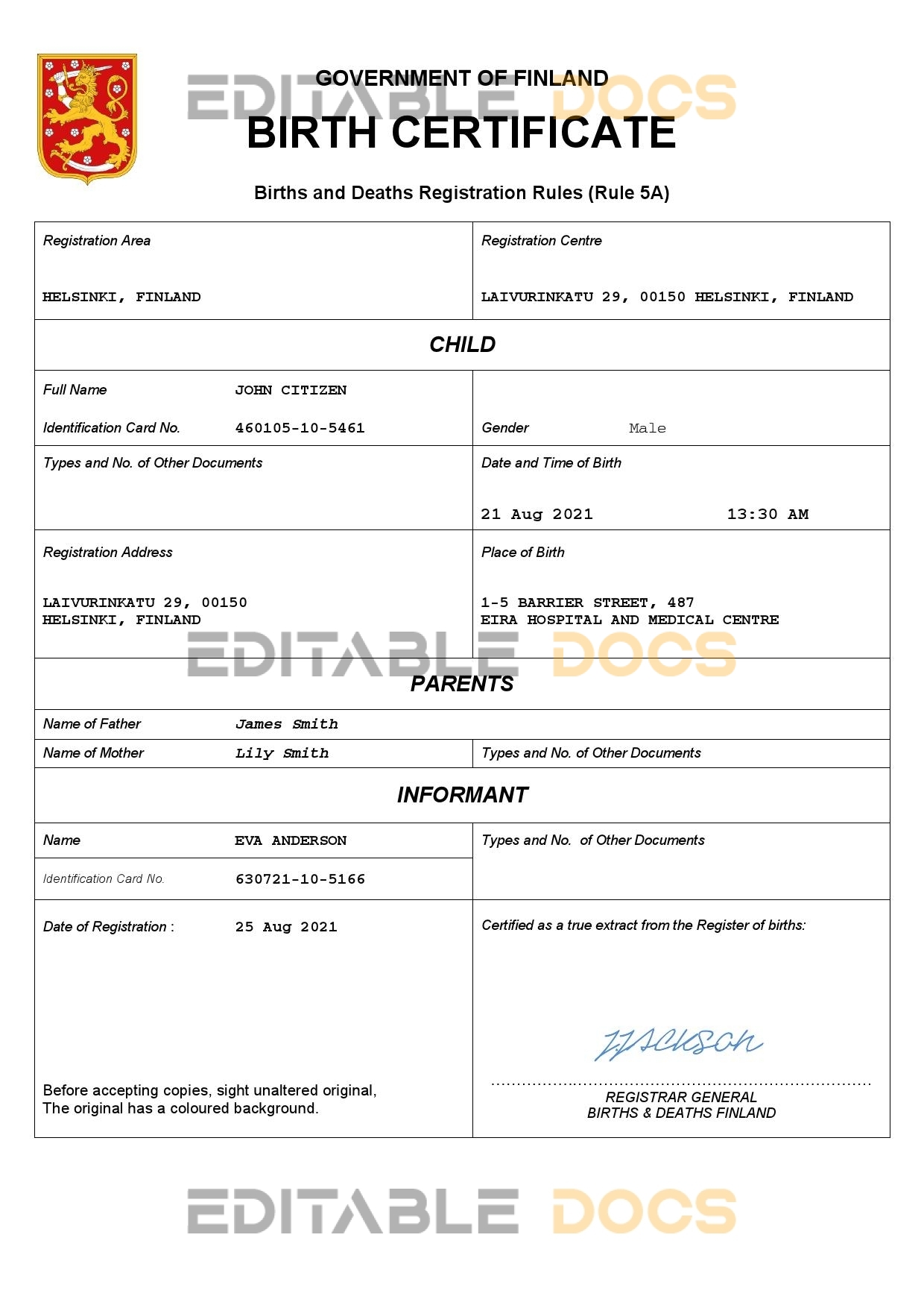 Authentic Finland Birth Certificate Template | Customize and Download Online