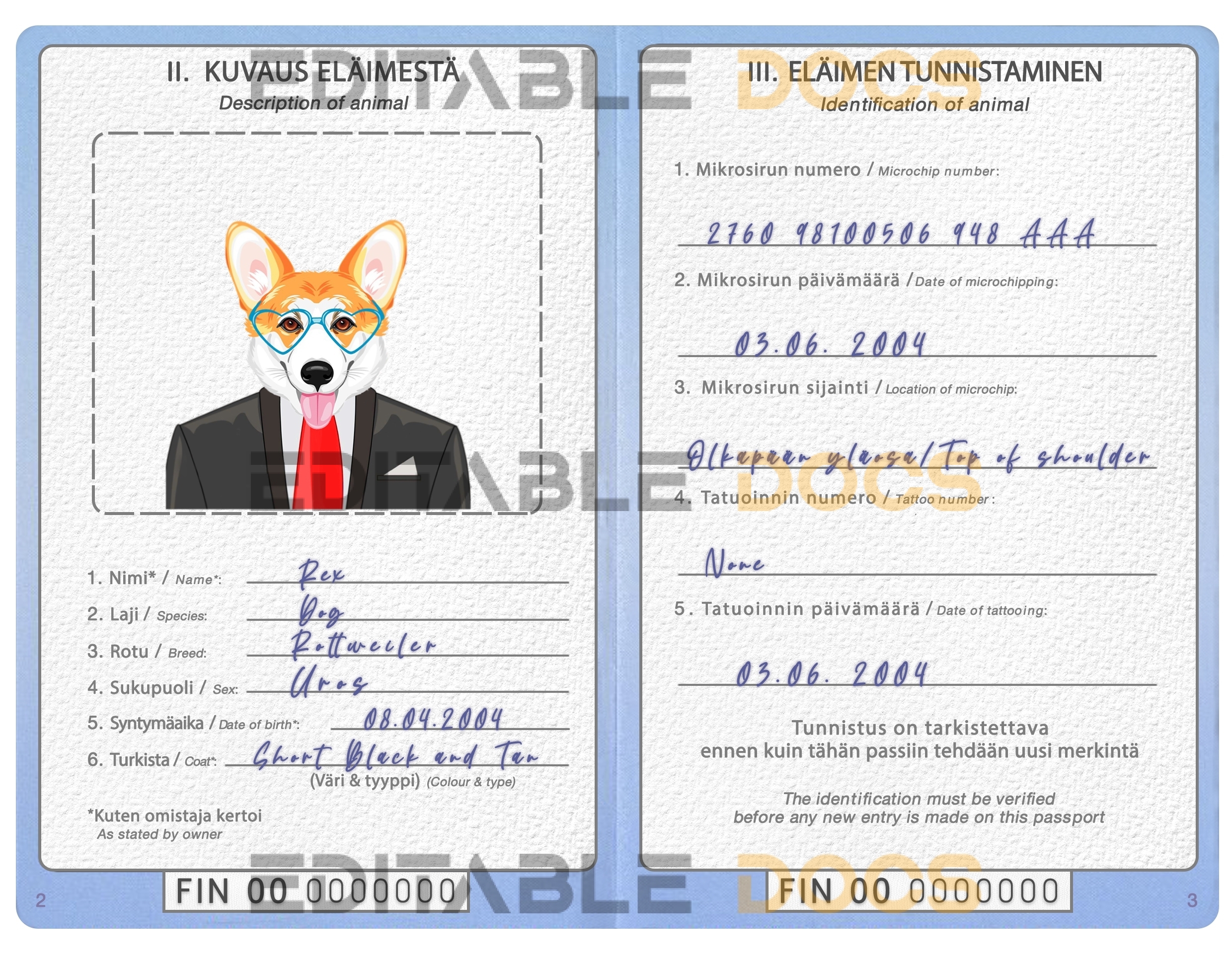 Finland dog Fake PSD Passport | Instant Download