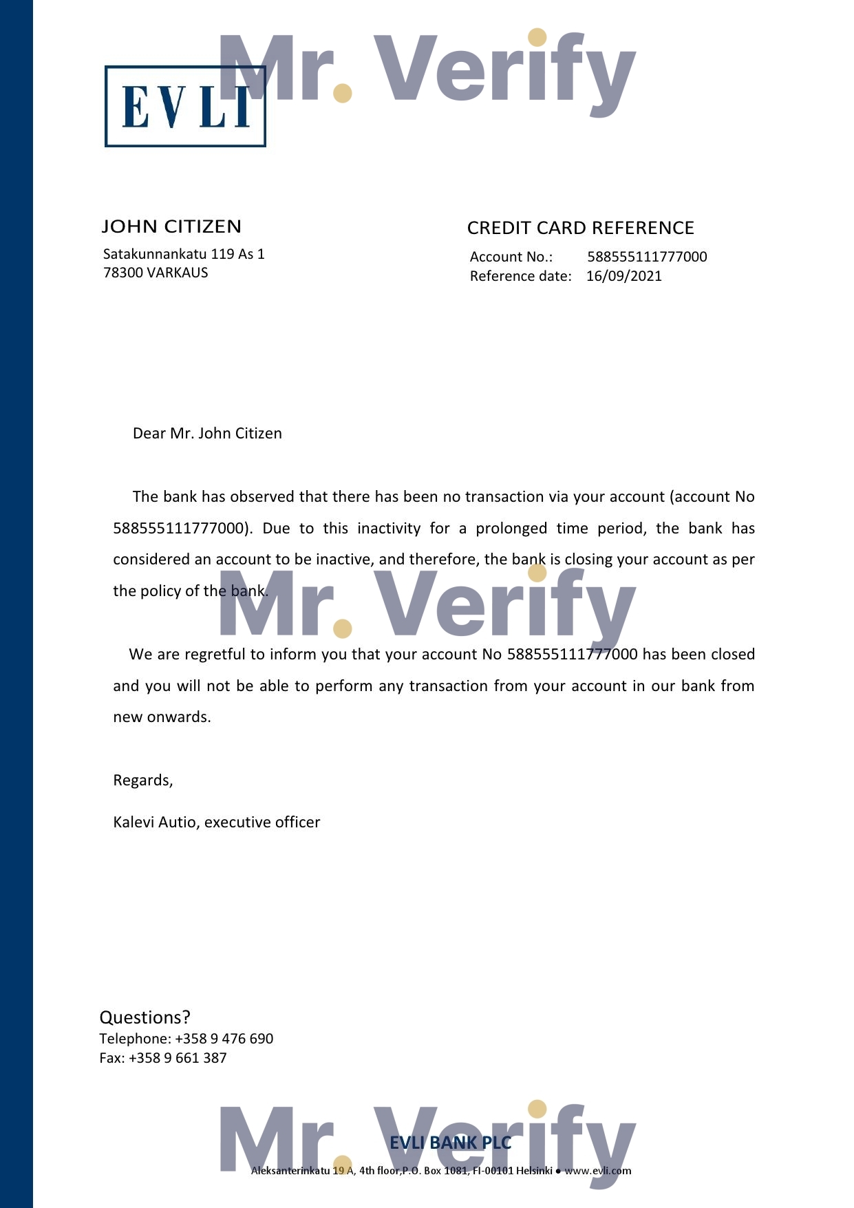 Download Finland Evli Bank Reference Letter Templates | Editable Word