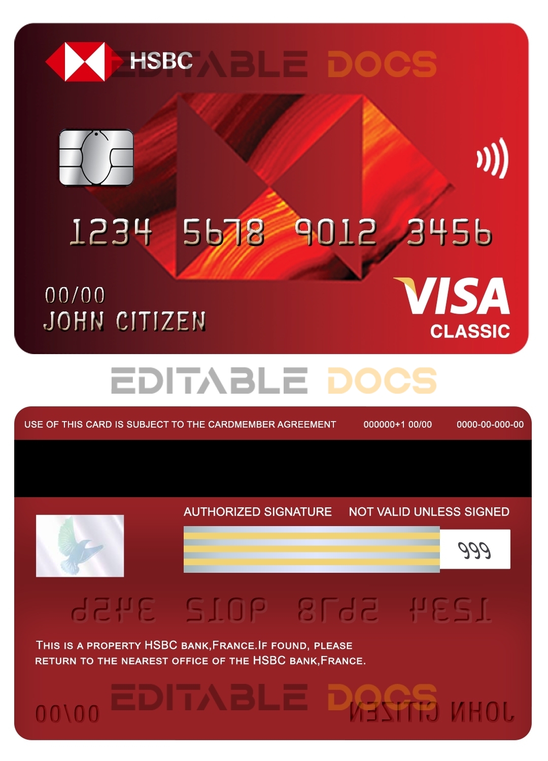 Editable France HSBC bank visa classic card Templates in PSD Format
