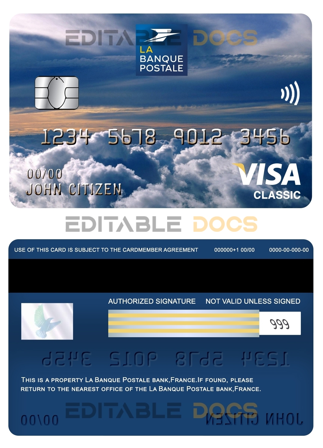Editable France La Banque Postale bank visa classic card Templates in PSD Format
