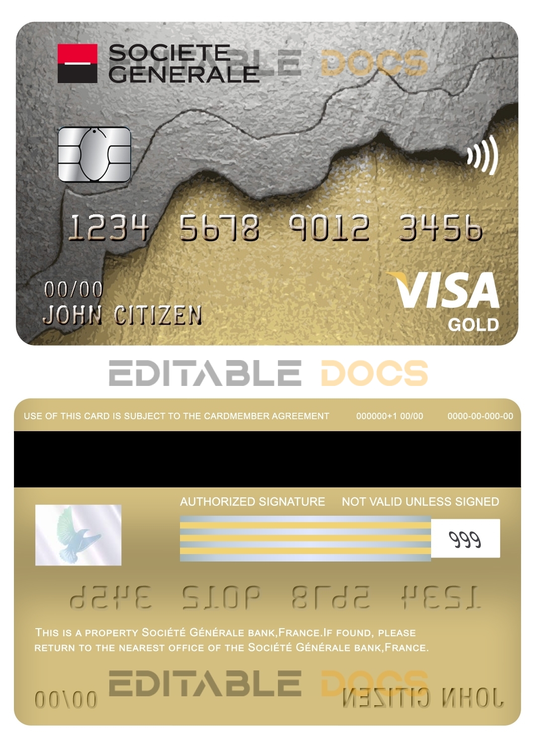 Editable France Société Générale bank visa gold card Templates in PSD Format