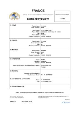 France birth certificate Word and PDF template, completely editable