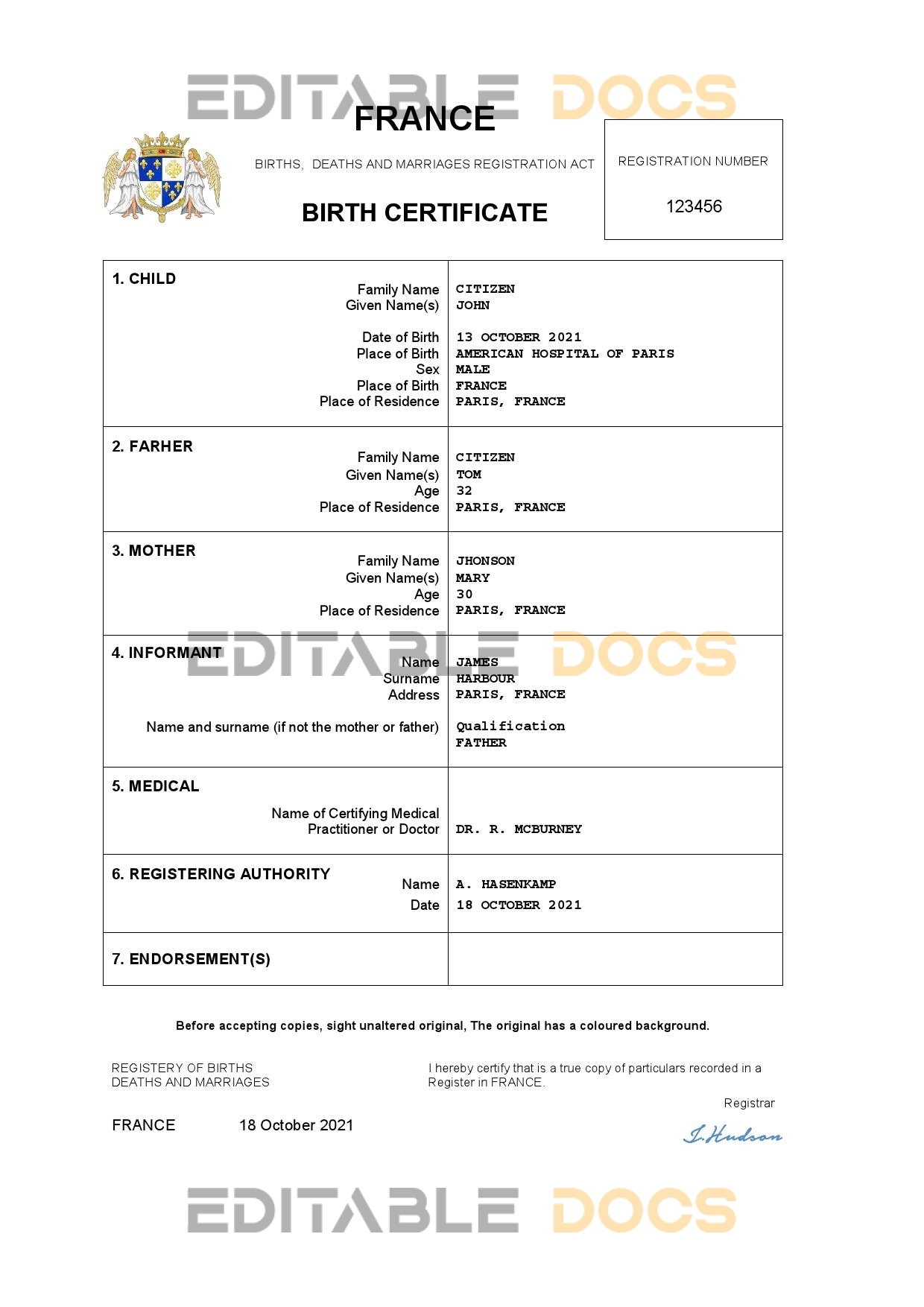 authentic France birth certificate template customize and download online