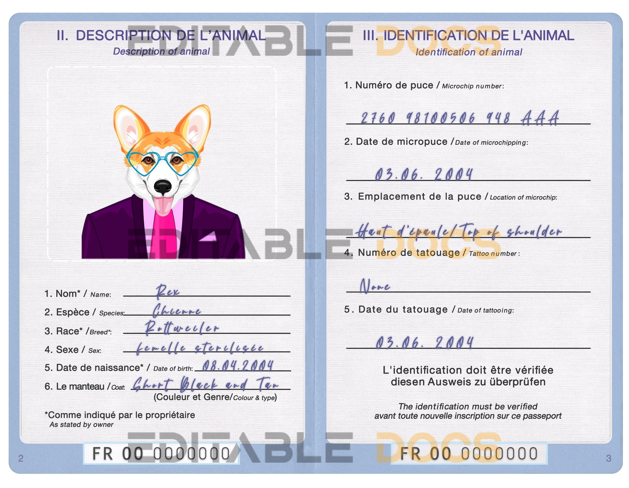France dog Fake PSD Passport | Instant Download